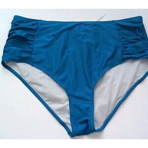 Shekini High Waisted Bikini Swim Bottom  Size XL Blue Ruched Sides Lined Pool